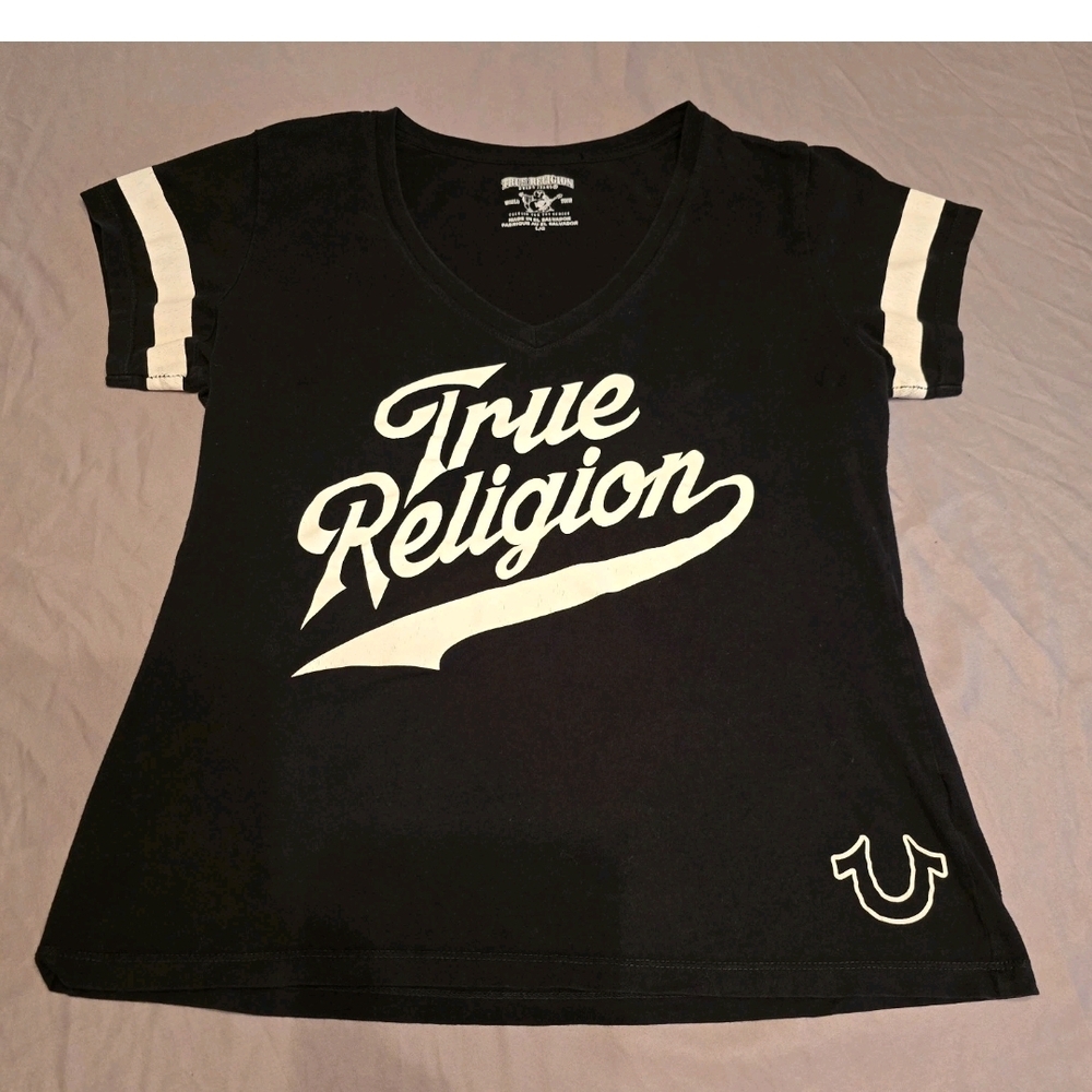 True Religion Women's V Neck Athletic Tee Black/White Stripes And Logo Sz L EUC